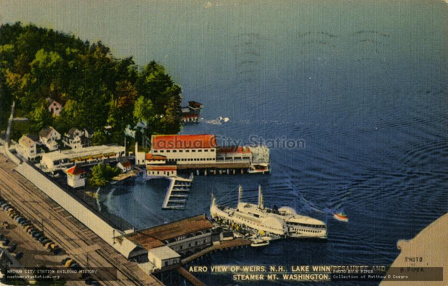 Postcard: Aero View of Weirs, New Hampshire Lake Winnipesaukee and Steamer Mt. Washington